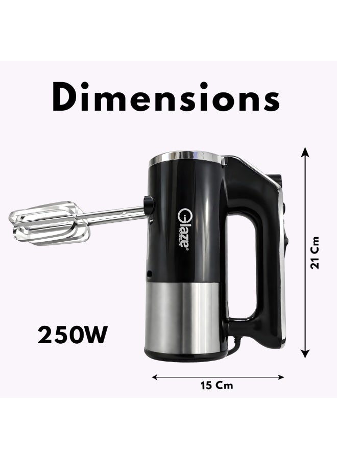 جليز خلاط يدوي 250 واط، خلاط كهربائي بخمس سرعات مع مضارب من الفولاذ المقاوم للصدأ وخطافات للعجين، خلاط مطبخ خفيف الوزن للخبز - Image 3